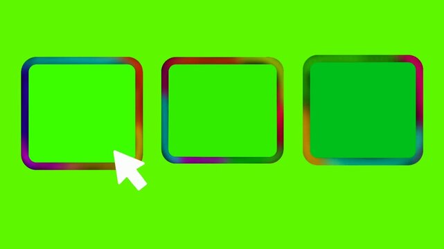 Mouse cursor clicking three empty colorful frame boxes on green screen