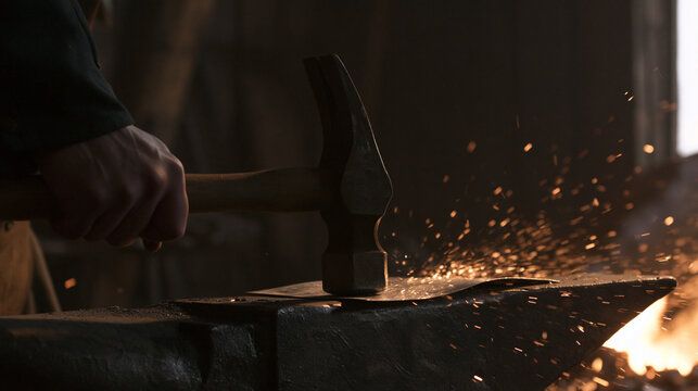 silversmith. A silversmith hammering a silver sheet on an anvil in a dim workshop. safety posters, maintenance manuals, designed for precision metalworking and fabrication facilities.    