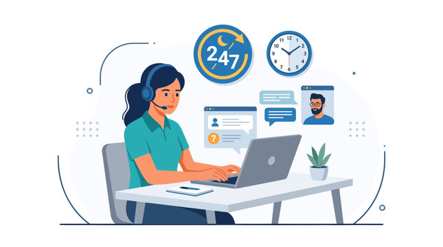 Professional female customer support agent with headset at laptop, offering 24/7 online assistance, technical help, and virtual communication services.