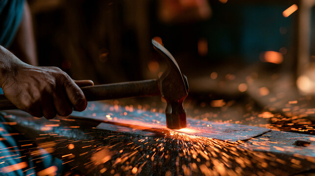 silversmith. A silversmith hammering a silver sheet on an anvil in a dim workshop. safety posters, maintenance manuals, designed for precision metalworking and fabrication facilities.