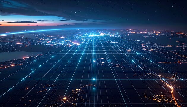 Futuristic cityscape with glowing grid lines.