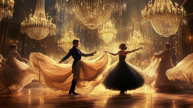 Elegant couple ballroom dancing under chandeliers