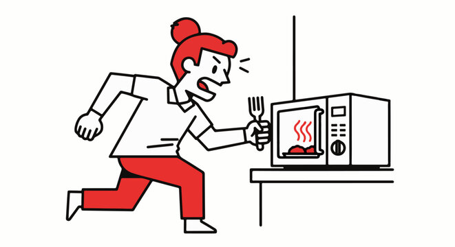 Cartoon man hurriedly using overheating microwave oven.