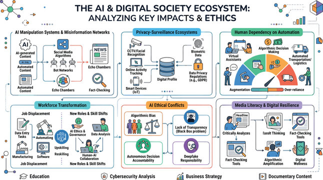 AI and digital society ecosystem vector infographic with ethics privacy manipulation systems and future workforce impact analysis concepts