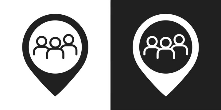 People Location icon set, group of users inside map pin symbols, community and meeting point markers, networking apps navigation, black and white vector illustration