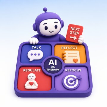 AI therapy concept with cute robot guiding talk reflect regulate and refocus steps for mental wellness and self care