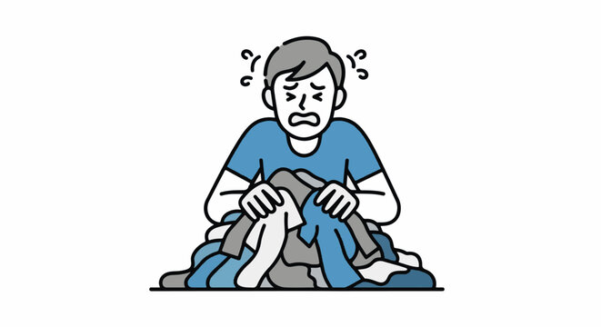 Frustrated man struggling with tangled headphones in distress.