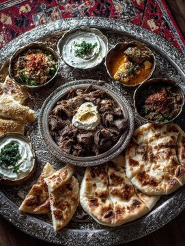 Traditional Jordanian mansaf meal with lamb and yogurt served on a decorative silver platter with flatbread.
