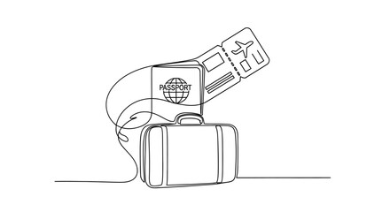 Continuous line drawing of travel suitcase passport and plane ticket. © Ikhsanul_Shahbaz