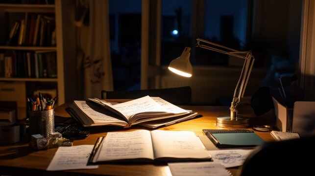 Late Night Study Session with Desk Lamp