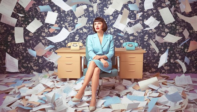 Stressed Businesswoman in Retro Office - Chaotic Workload with Flying Papers - Vintage Secretary Floral Wallpaper Banner