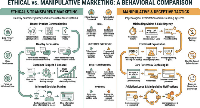 Ethical versus manipulative marketing vector infographic with behavioral psychology persuasion tactics and consumer trust comparison concepts