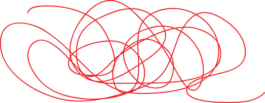 A complex, hand-drawn red scribble line creating a chaotic, tangled pattern isolated on a clean white background.