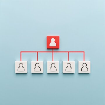 An organizational chart with a red square at the top, representing leadership, with five white squares below, signifying team members