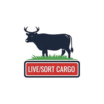 Black cow standing in green pasture with live sort cargo sign.