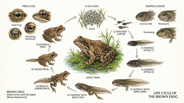 Life cycle of the brown frog, from egg to tadpole to adult frog stages