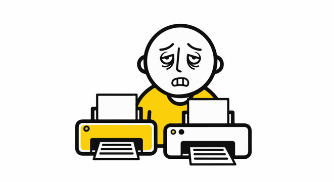 Frustrated Person Surrounded By Malfunctioning Printers.