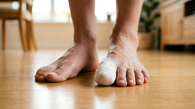 Close up shot of bare feet with a bandaged toe, emphasizing injury and care