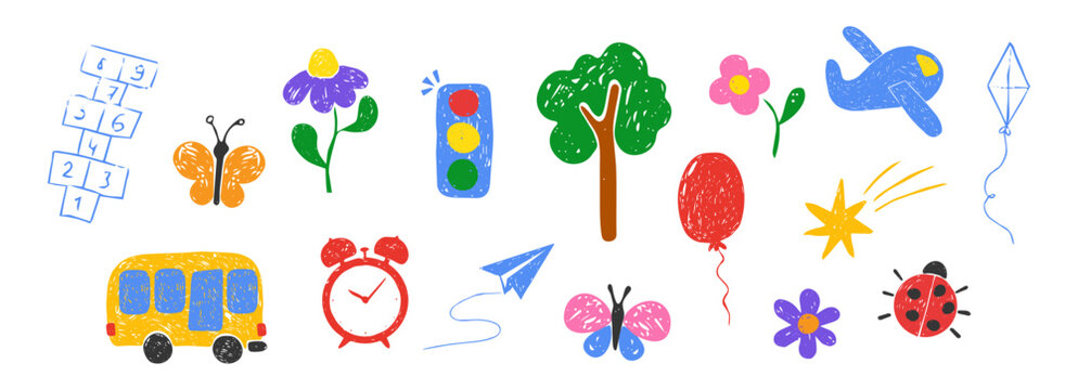 Chalk scribble set childlike elements, crayon pencil kindergarten doodle icons. Preschool transport, bug, stars, flowers, games in sketch style