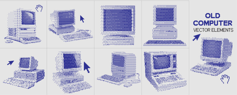 Retro old computer vector element set with halftone vintage desktop and classic monitor illustrations in monochrome blue style