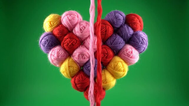 Suspended Heart Shape Made of Colorful Yarn Balls Against Green Screen Background