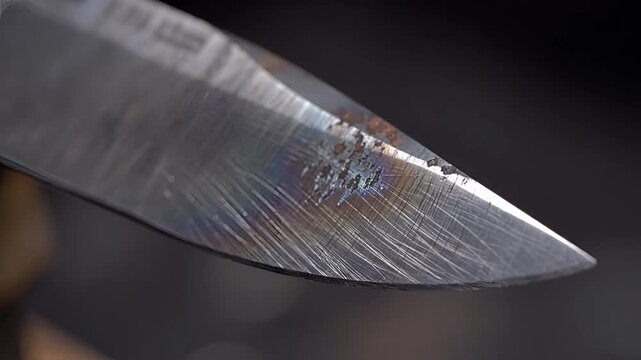 Closeup of a sharp knife blade with rainbow oxidation marks.