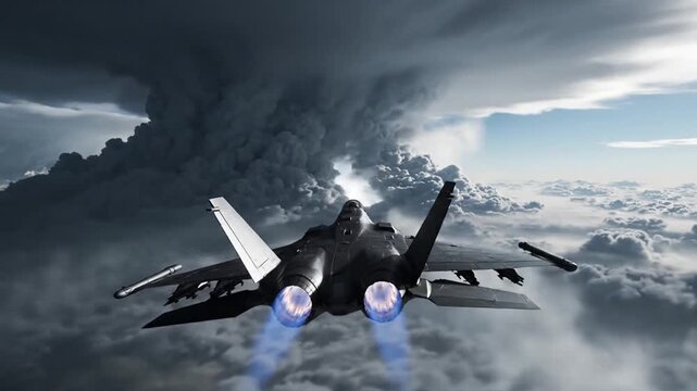 Fighter Jet Flying Through Dramatic Clouds