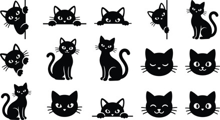 Black cat silhouettes set featuring cute peeking kitten vectors, funny feline head icons, and elegant sitting pet design elements. © Nayan