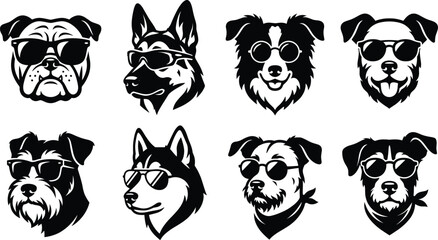 Cool dog heads vector collection featuring various popular pet breeds wearing sunglasses, retro canine silhouettes, and barbershop mascot logos. © Nayan