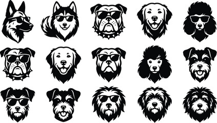 Black and white dog head vectors set featuring cool dog breeds with sunglasses, retro pet portraits, and minimalist canine logos. © Nayan