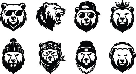 Cool bear head mascot silhouette set with different hats sunglasses headphones and angry roaring expressions vector illustration. © Nayan
