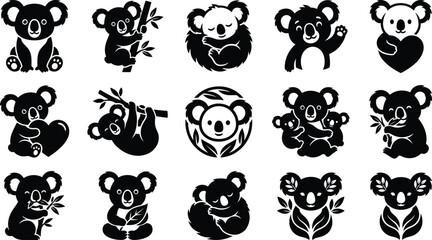 Cute koala bear silhouette collection featuring cartoon characters climbing trees eating eucalyptus and sleeping isolated on white vector illustration. © Nayan