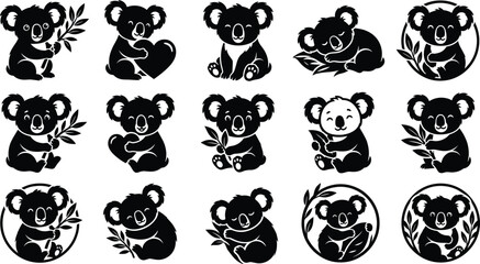 Cute koala silhouette set with cartoon bear characters holding eucalyptus leaves and hearts isolated on white background vector illustration. © Nayan