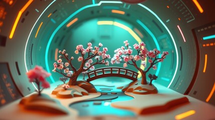 Obraz premium Futuristic tunnel frames serene garden scene. Pink blossoms, bridge, water create peaceful contrast with neon lights.