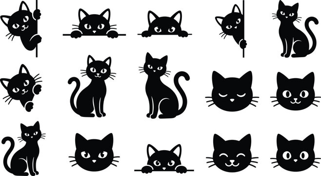 Black cat silhouettes set featuring cute peeking kitten vectors, funny feline head icons, and elegant sitting pet design elements.