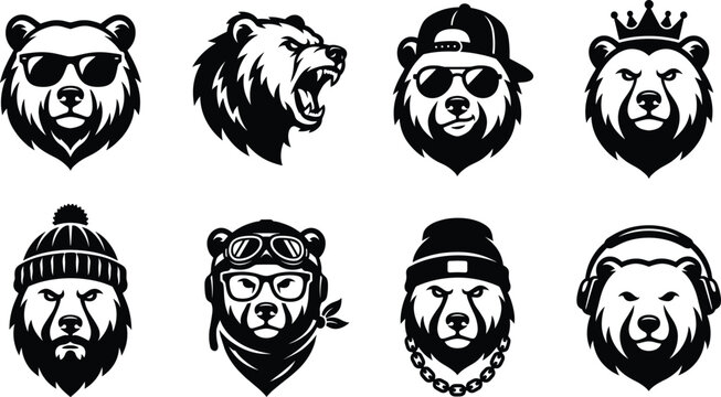 Cool bear head mascot silhouette set with different hats sunglasses headphones and angry roaring expressions vector illustration.