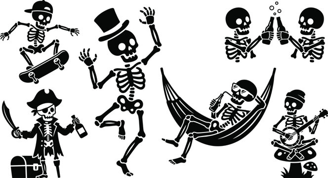 Funny Halloween skeleton characters vector silhouette set with spooky skulls doing everyday activities isolated on white background.