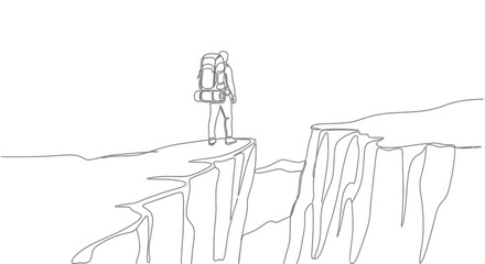 Obraz premium Minimalist line art illustration of a lone backpacker standing at a cliff edge.