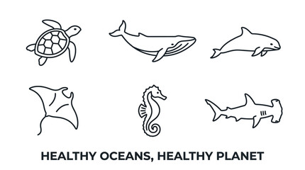 Set of sea animal line art icons featuring ocean creatures. © Lail