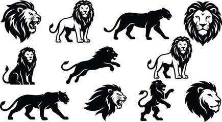 Black and white lion vector set featuring powerful roaring heads majestic male lions running panthers and wild cats for mascot logo design. © Nayan