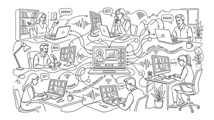Fototapeta premium Virtual Team Meeting Minimalist Continuous Line Art Illustration