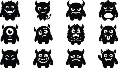 Vector collection of black cute monster silhouettes and funny alien characters with horns and expressions for Halloween and game design © Nayan