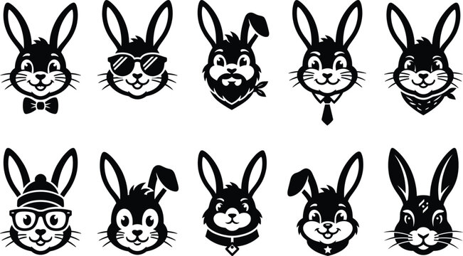 Set of cartoon Easter bunny faces with different accessories and expressions isolated on white background vector illustration.