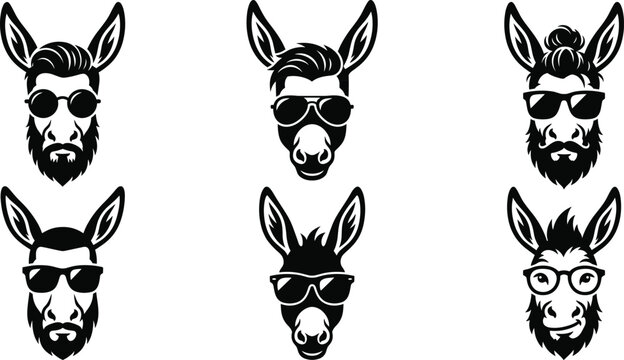 Vector collection of black donkey and mule head logos featuring cool hipster haircuts sunglasses and stylish beards for masculine branding.