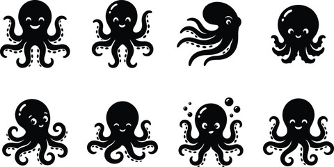 Vector collection of cute black octopus silhouette icons and smiling sea creature characters for nautical branding and children design. © Nayan