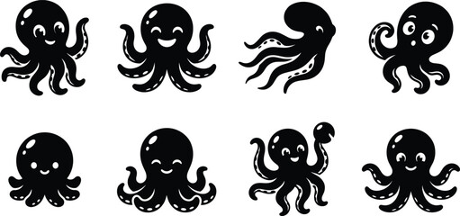 Cute cartoon octopus silhouettes vector set featuring eight unique sea creatures with friendly smiling expressions and wavy tentacles. © Nayan