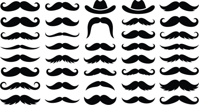 Large vector collection of black mustache silhouettes and gentleman barber shop icons for Movember and men health awareness design.