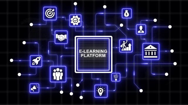 Coach motivation to e-learning platform improvement. Education concept. Training. Leadership skills. Human abilities. Internet, business, Technology - 4k black background icon animation