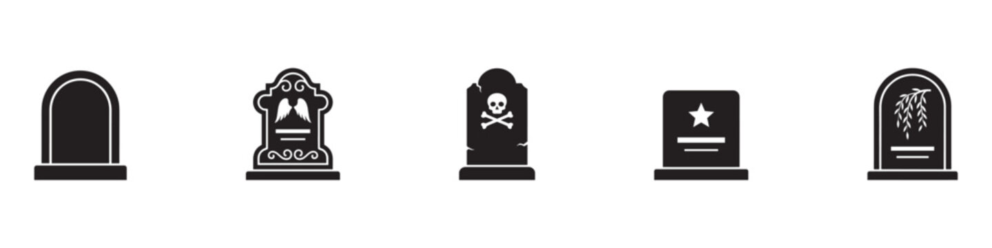 Gravestone icon set. Tombstone symbol collection. Cemetery and graveyard headstone sign. Death, funeral, Halloween concept. Vector illustration. Vector Graphic. EPS 10