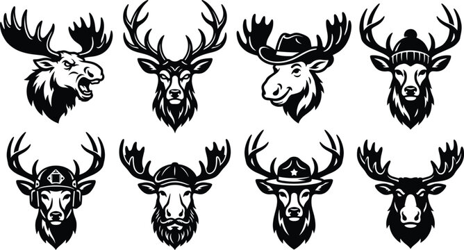 Deer and moose head mascot vector set featuring black and white wildlife silhouettes with various hats and expressions.
